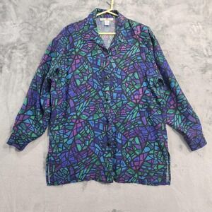 Vintage Stunt Collections Womens M Multicolor Silk Geometric Button Long Sleeve